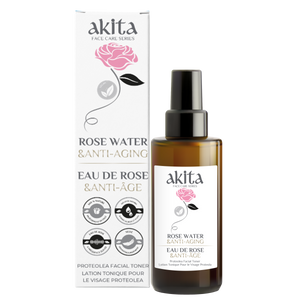 Akita rose water and anti-aging product with packaging on a white background
