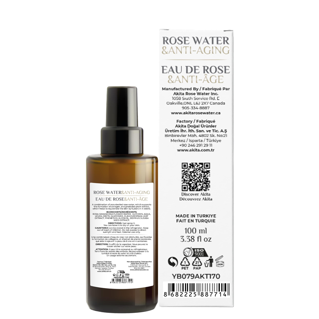 Rose water and anti-aging product with bottle and packaging on a white background
