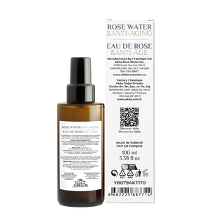 Rose water and anti-aging product with bottle and packaging on a white background