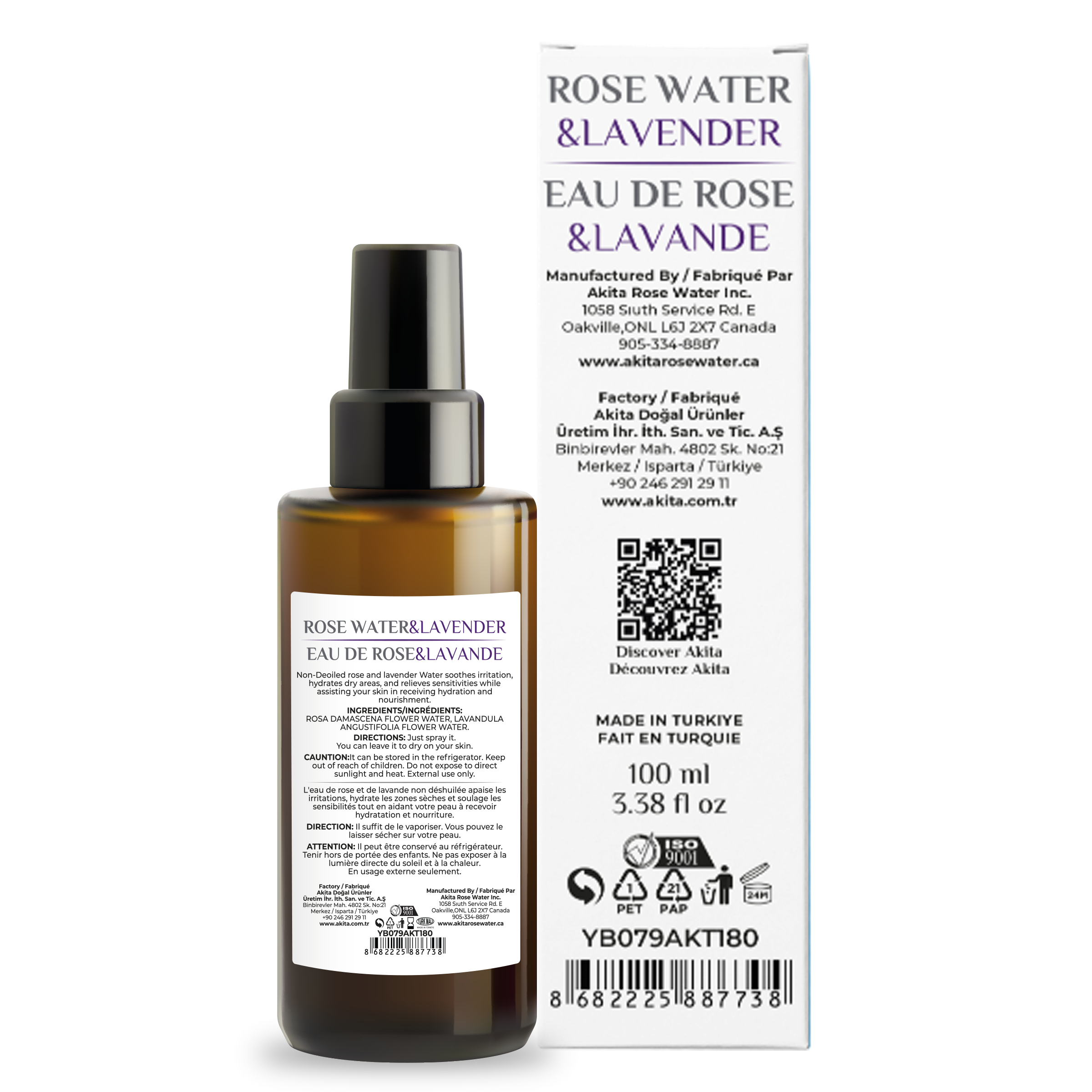 Rose water and lavender eau de toilette bottle with label on a white background