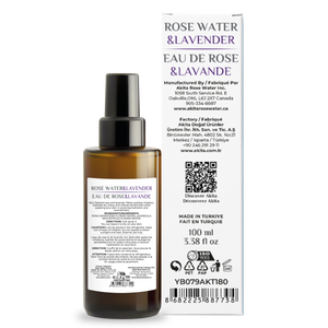 Rose water and lavender eau de toilette bottle with label on a white background