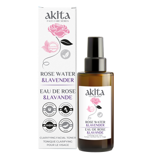 Akita Rose Water & Lavender facial toner bottle and packaging on a white background