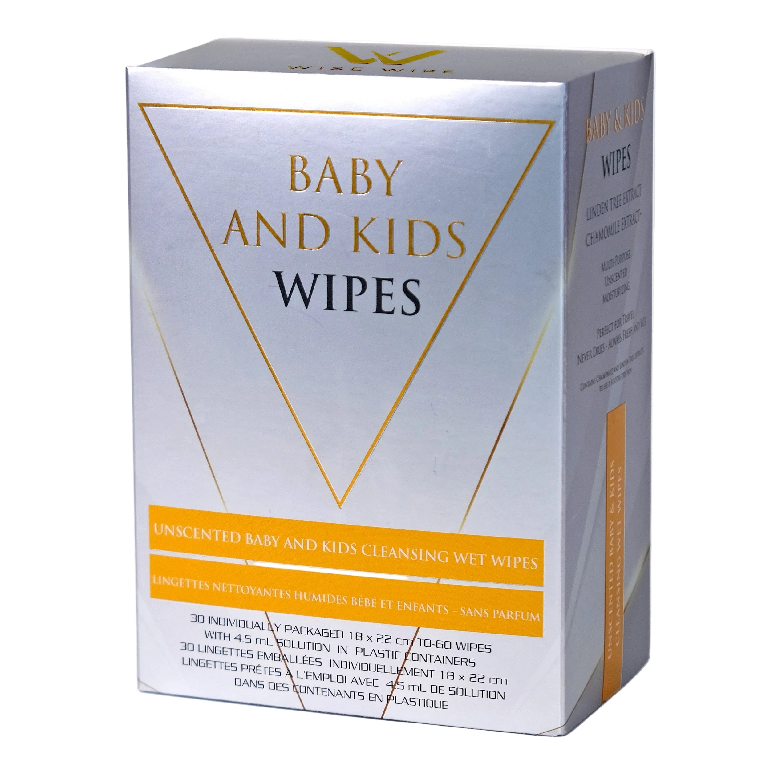 Box of baby and kids wipes with gold and black text on a white background