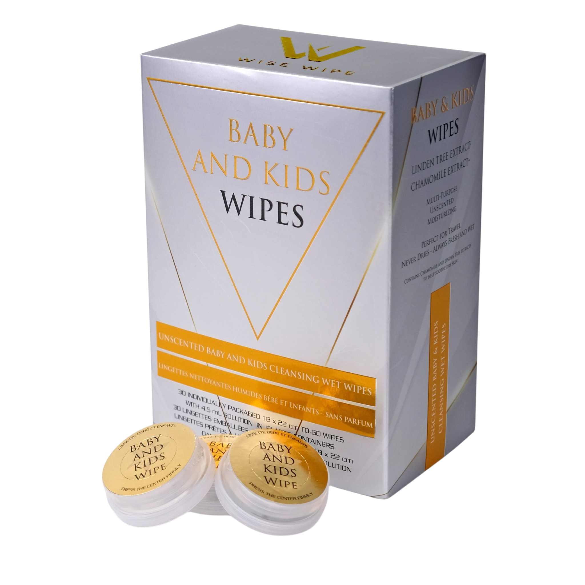 Box of baby and kids wipes with two containers in front on a white background
