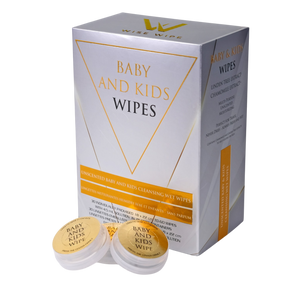 Box of baby and kids wipes with two containers in front on a white background