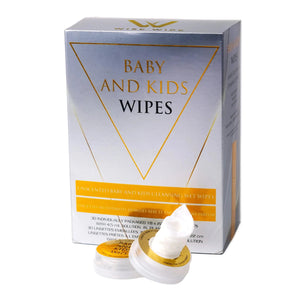 Box of baby and kids wipes with a small container of wipes on a white background