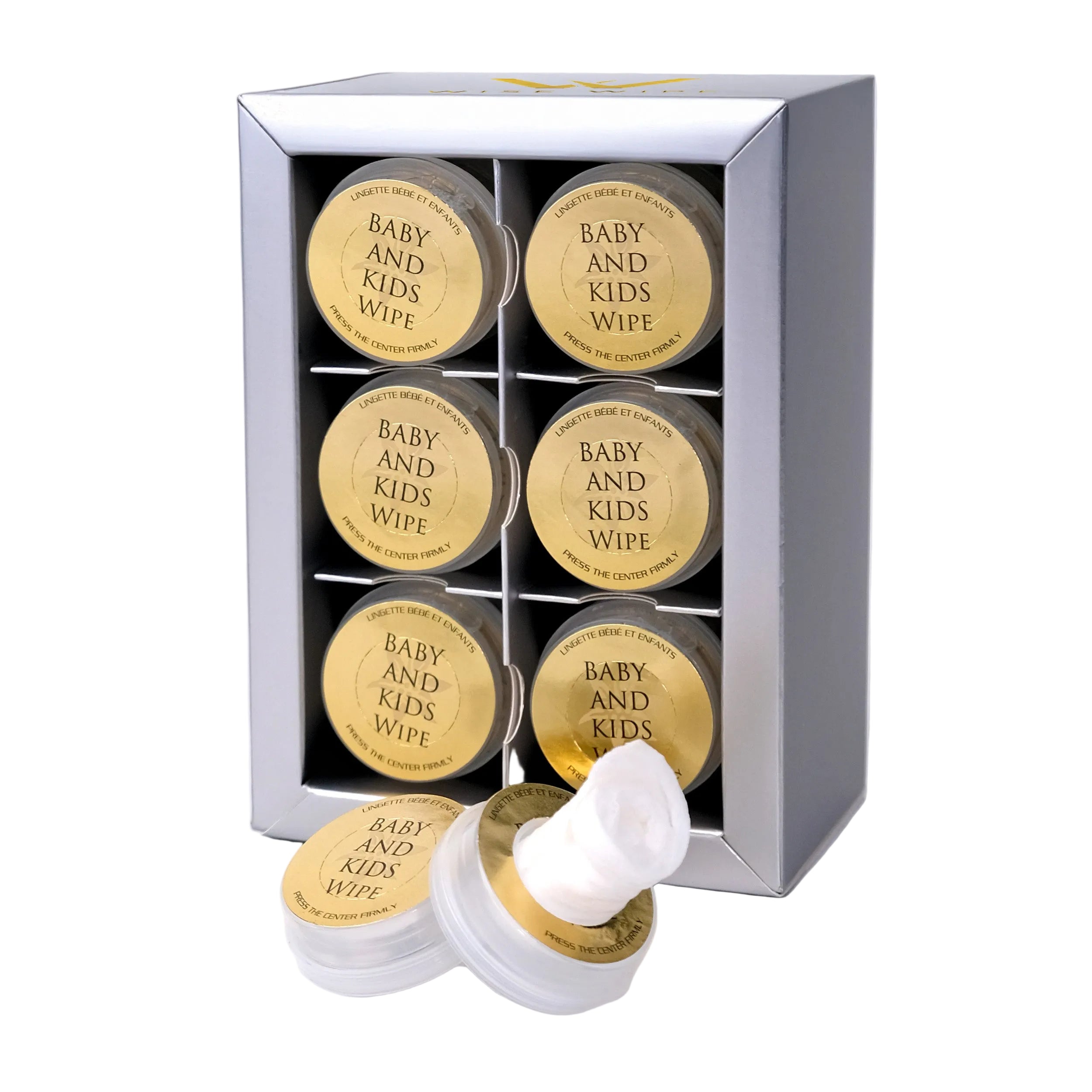 Set of baby and kids wipes in a silver box on a white background
