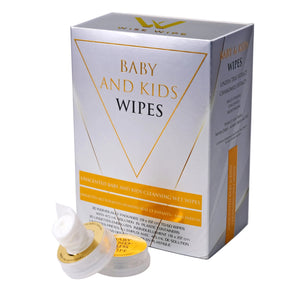 Box of baby and kids wipes with a small container on a white background