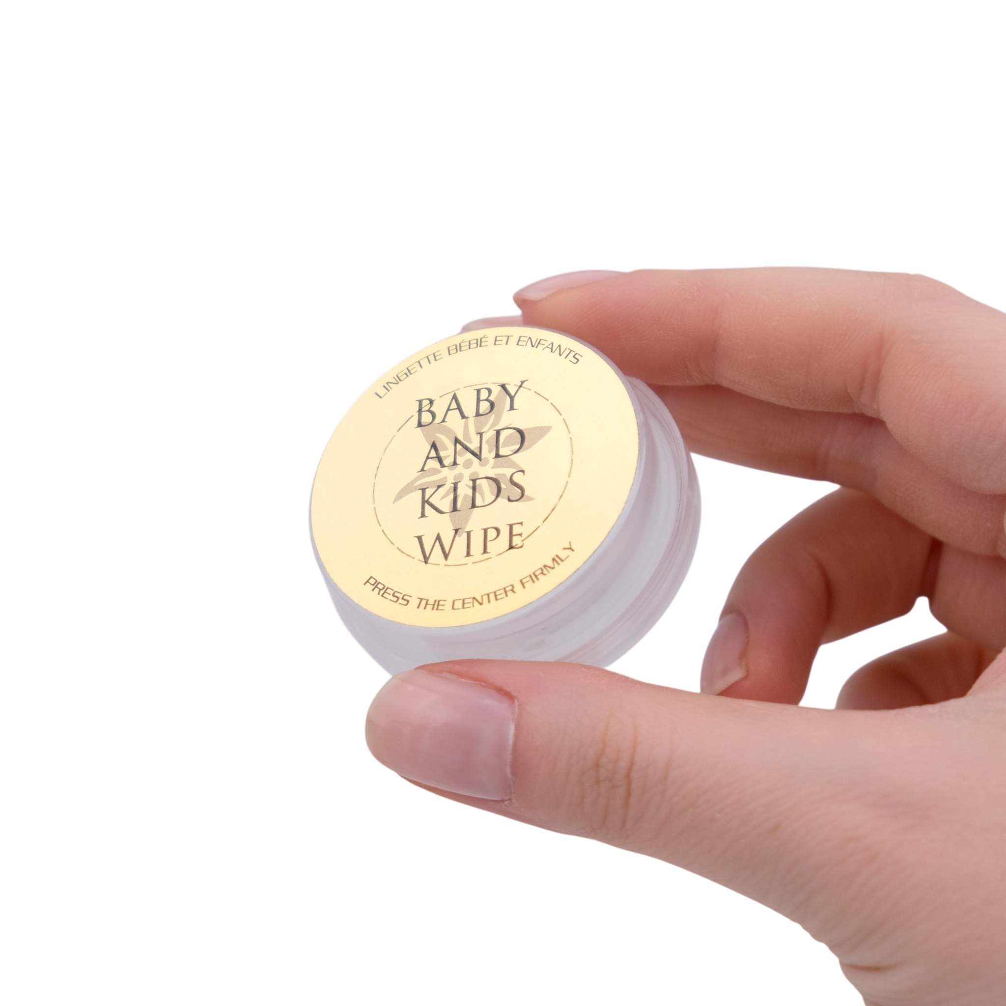 Hand holding a container labeled 'Baby and Kids Wipe' on a white background