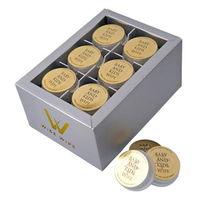 Set of 'Baby and Kids Wipe' containers in a gray box with 'WISE WIPES' branding.