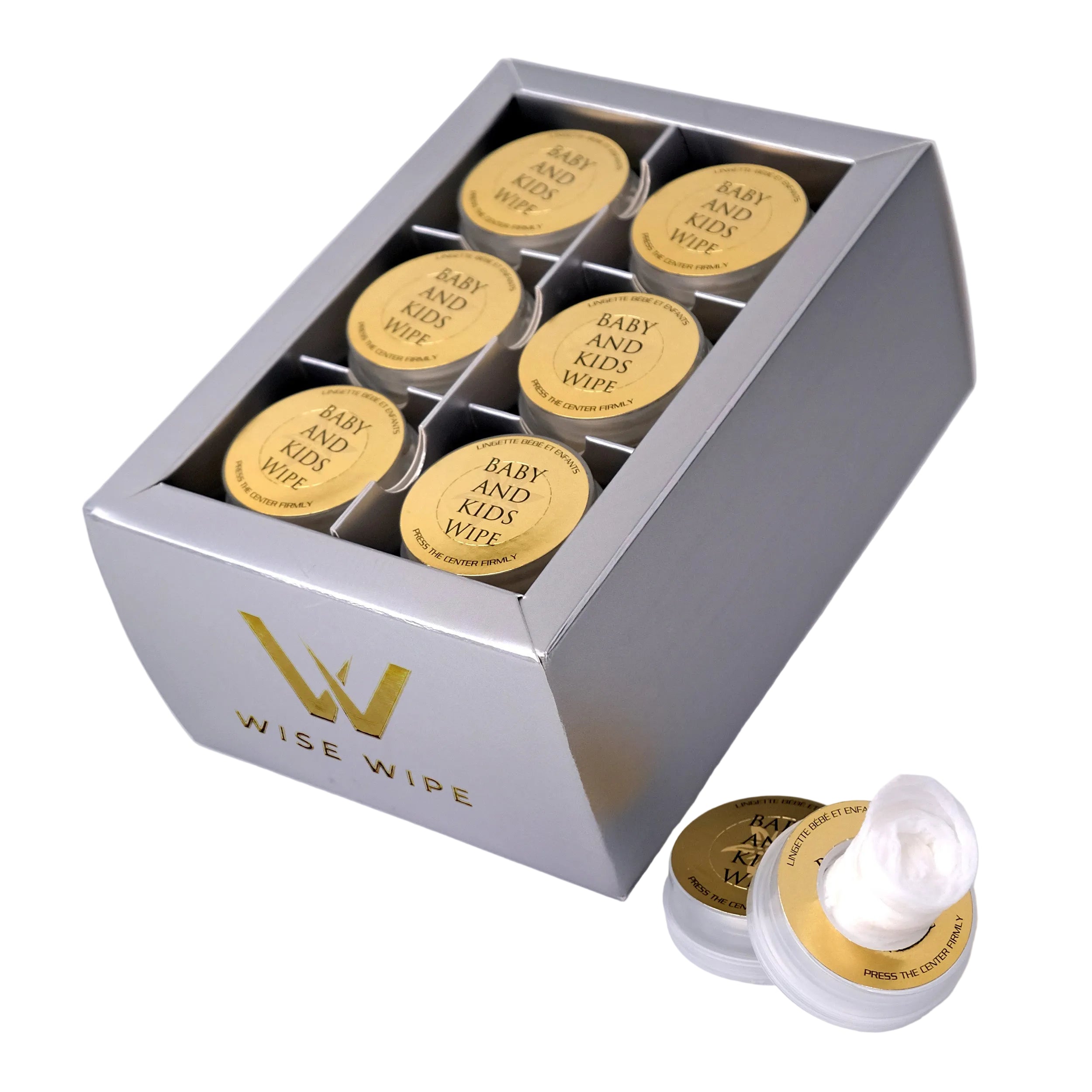Silver box with gold containers labeled 'Baby and Kids Wipes' by Wise Wipe on a light gray background.