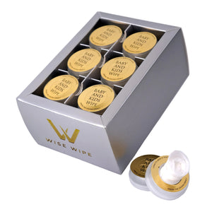 Silver box with gold containers labeled 'Baby and Kids Wipes' by Wise Wipe on a light gray background.