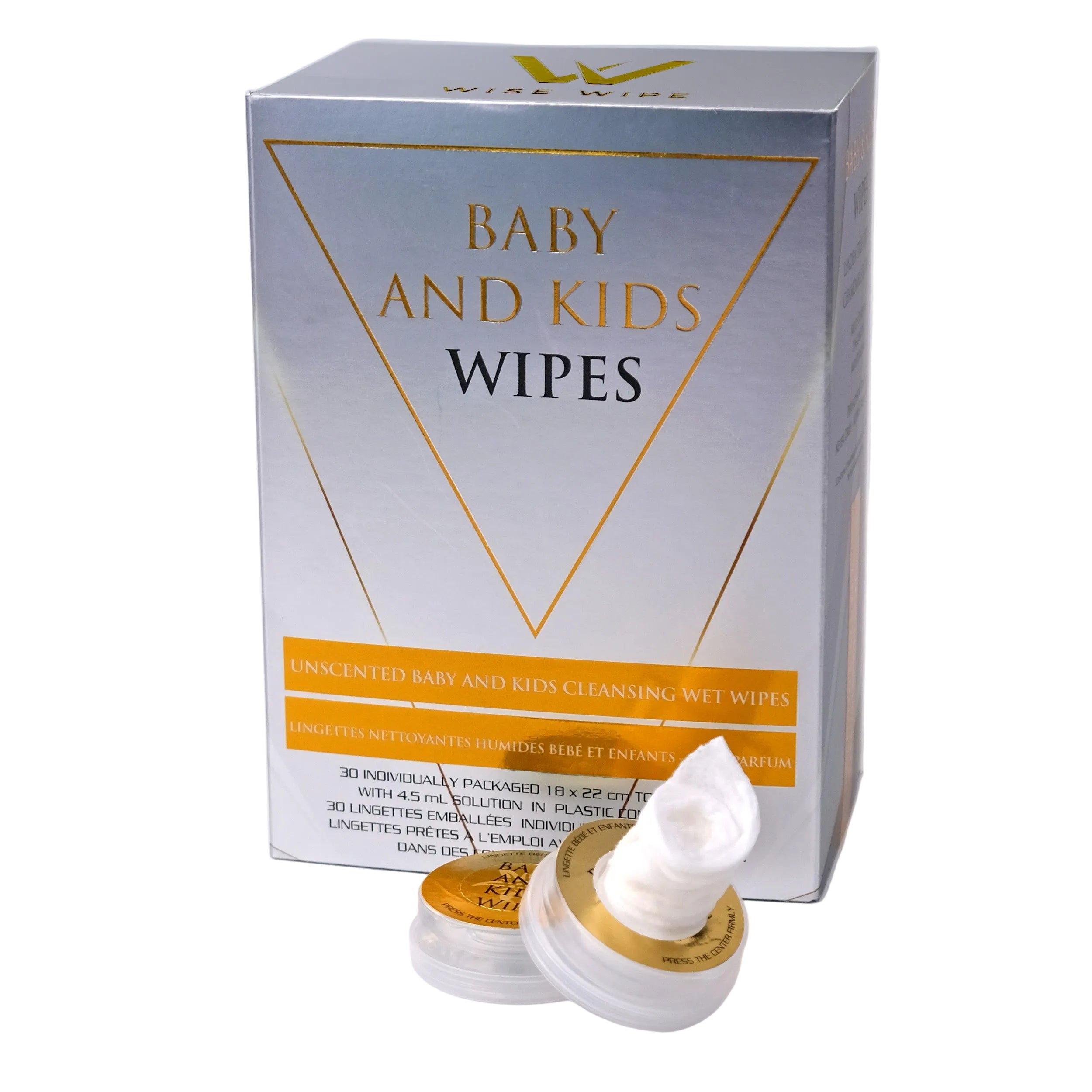 Box of baby and kids wipes with a bottle on a white background