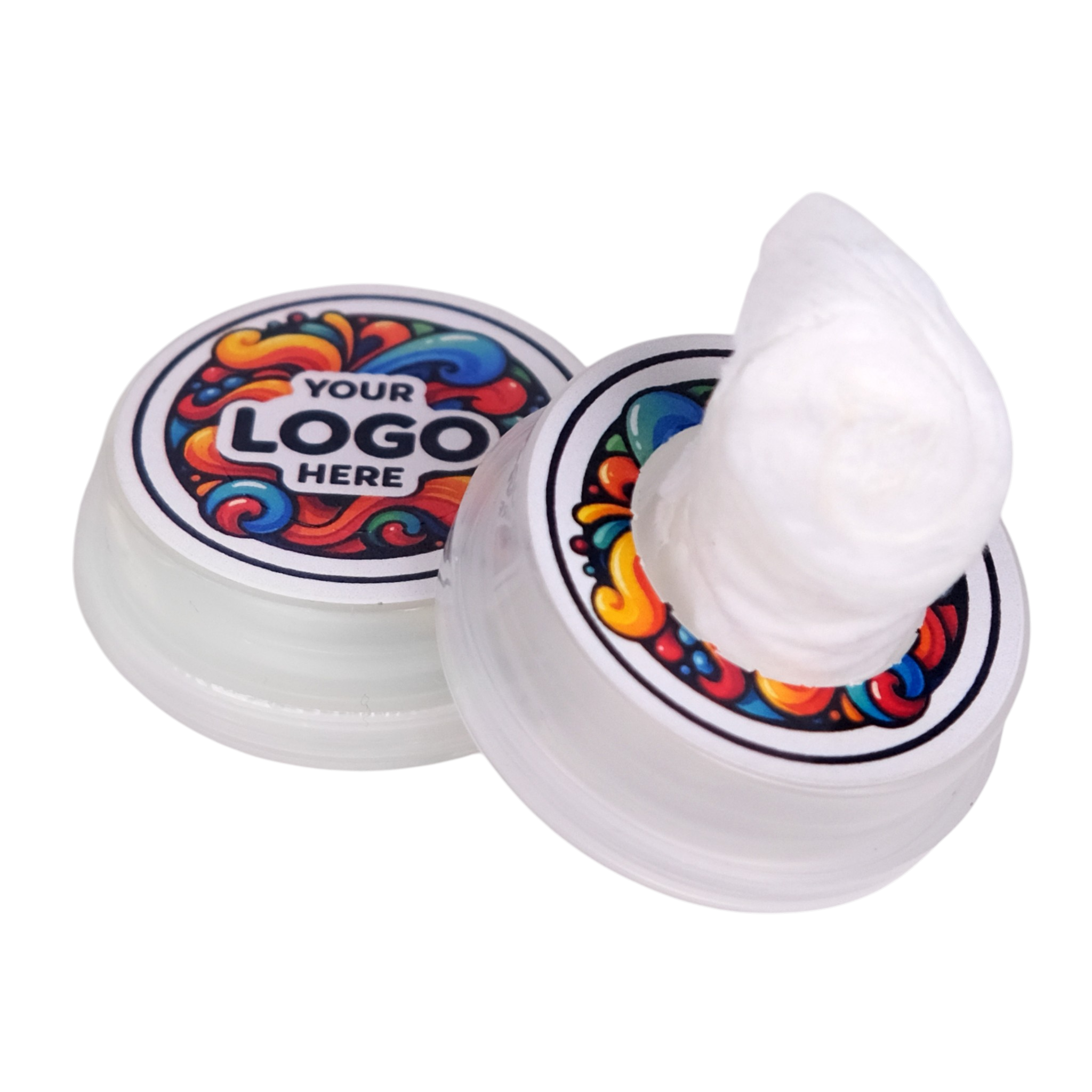 Two white containers with colorful labels on a white background