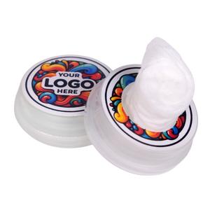Two white containers with colorful labels on a white background