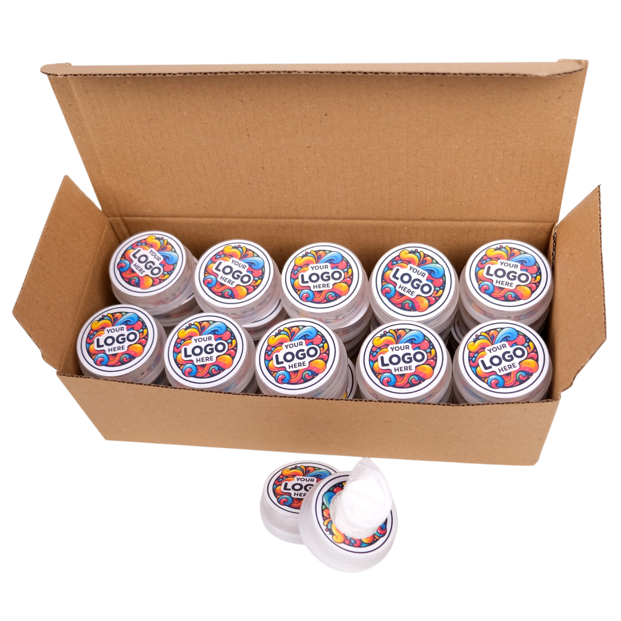 Box of containers with colorful logo labels on a white background