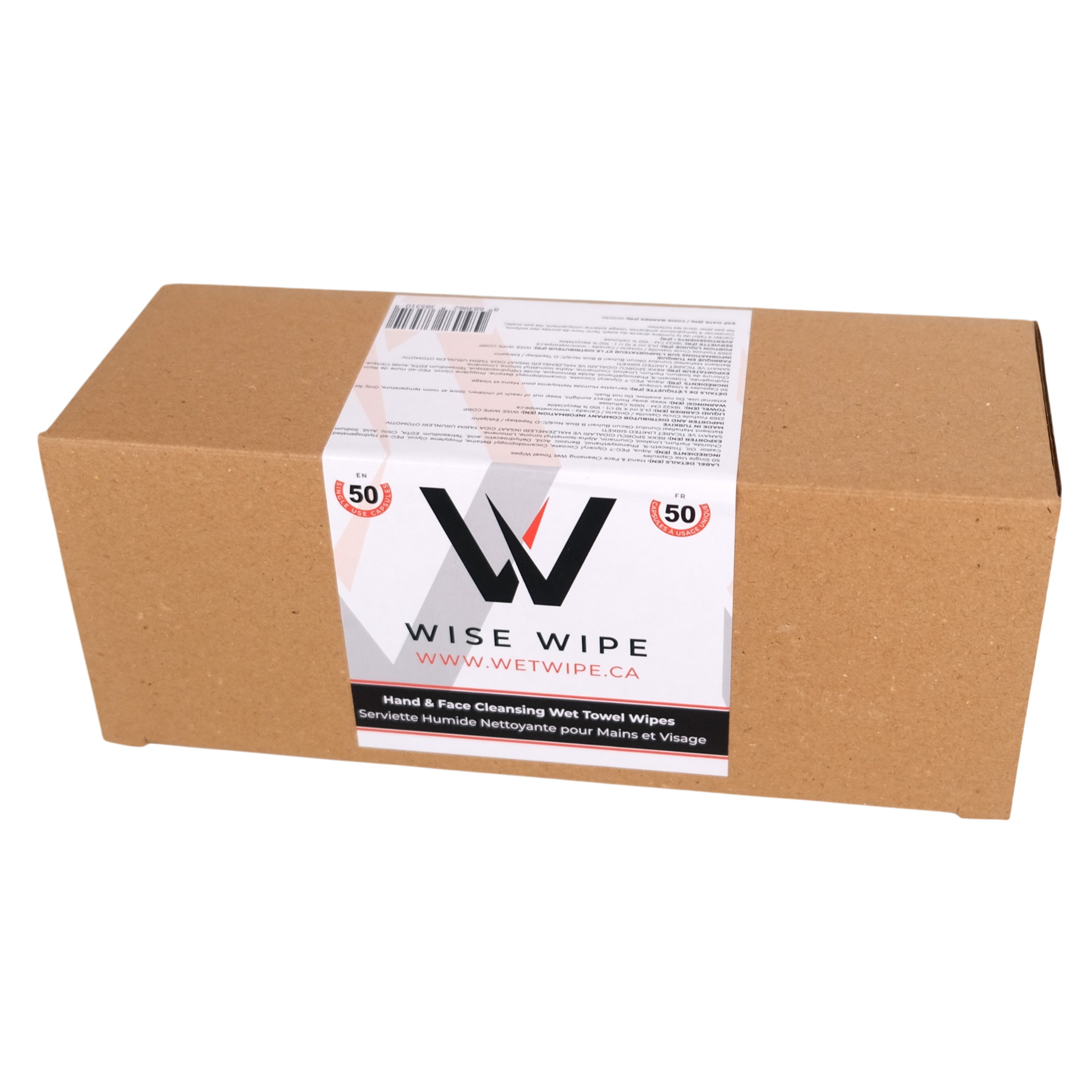 Box of Wise Wipe hand and face cleaning wipes on a white background