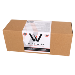 Box of Wise Wipe hand and face cleaning wipes on a white background