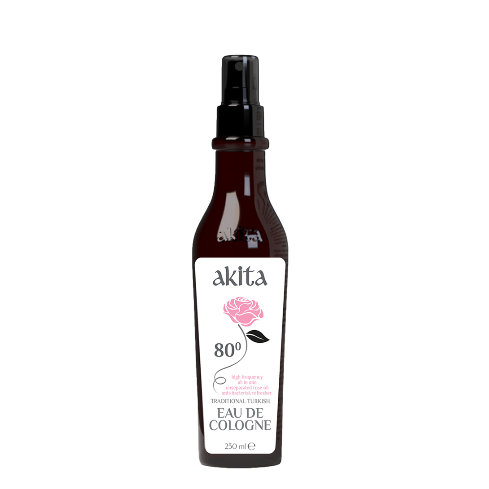Bottle of akita cologne with a white label on a white background