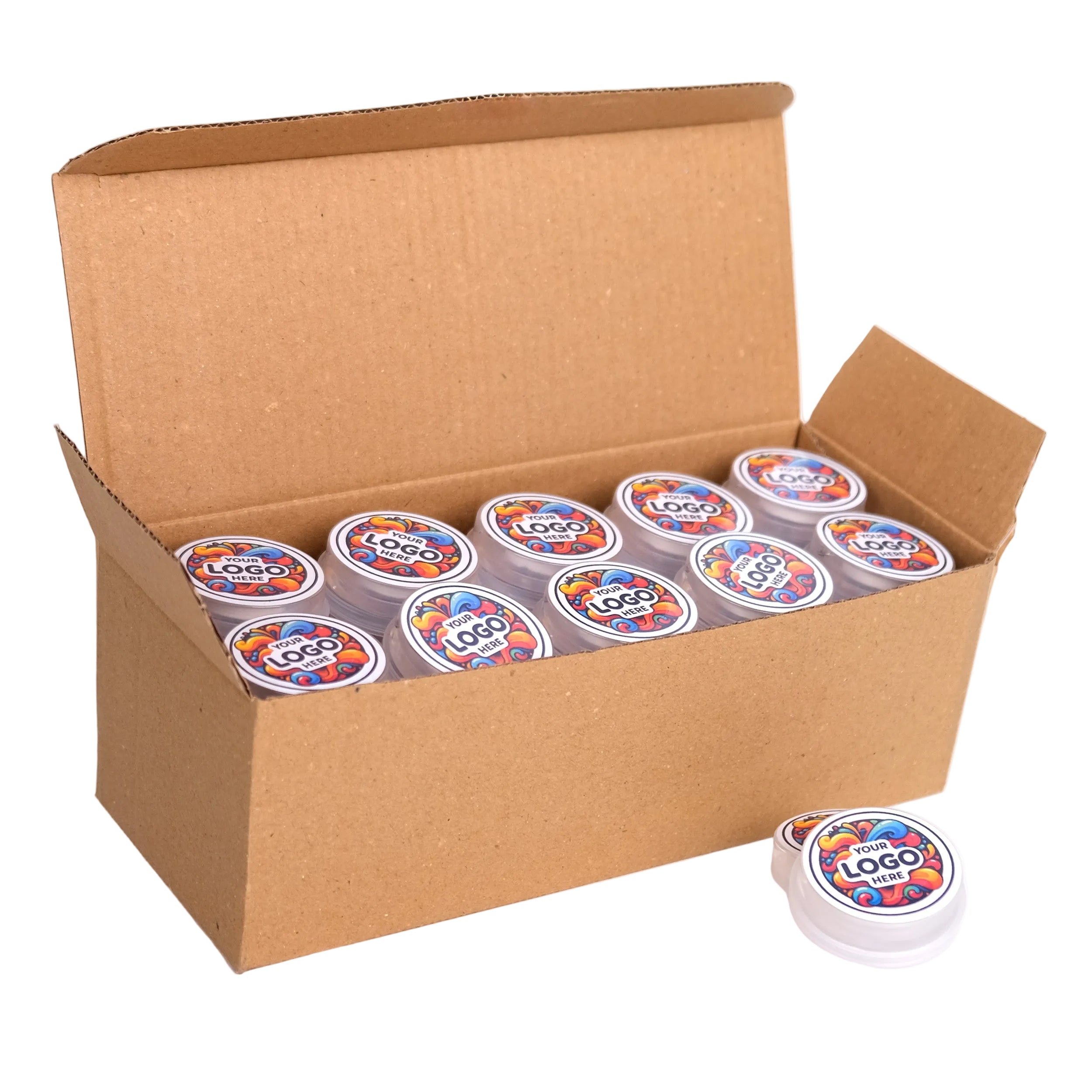 Box of labeled containers on a white background