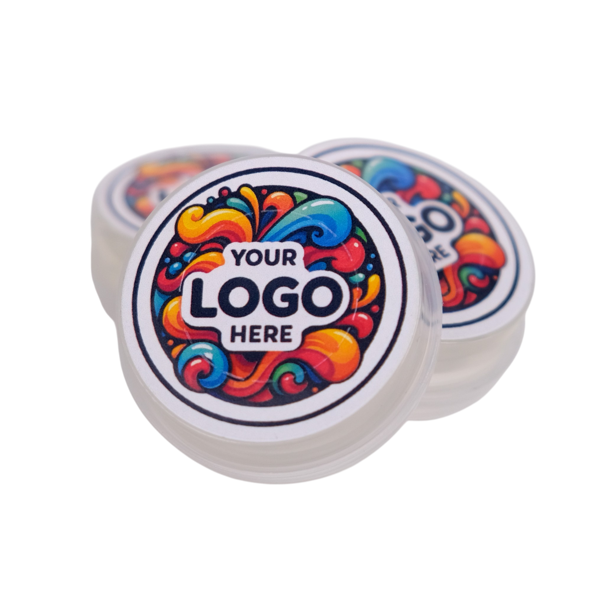 Colorful circular product with 'Your Logo Here' text on a white background