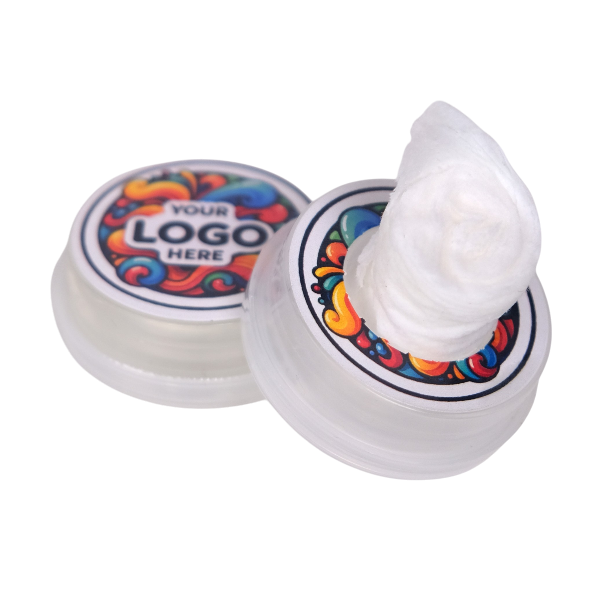 Two white containers with colorful labels on a white background