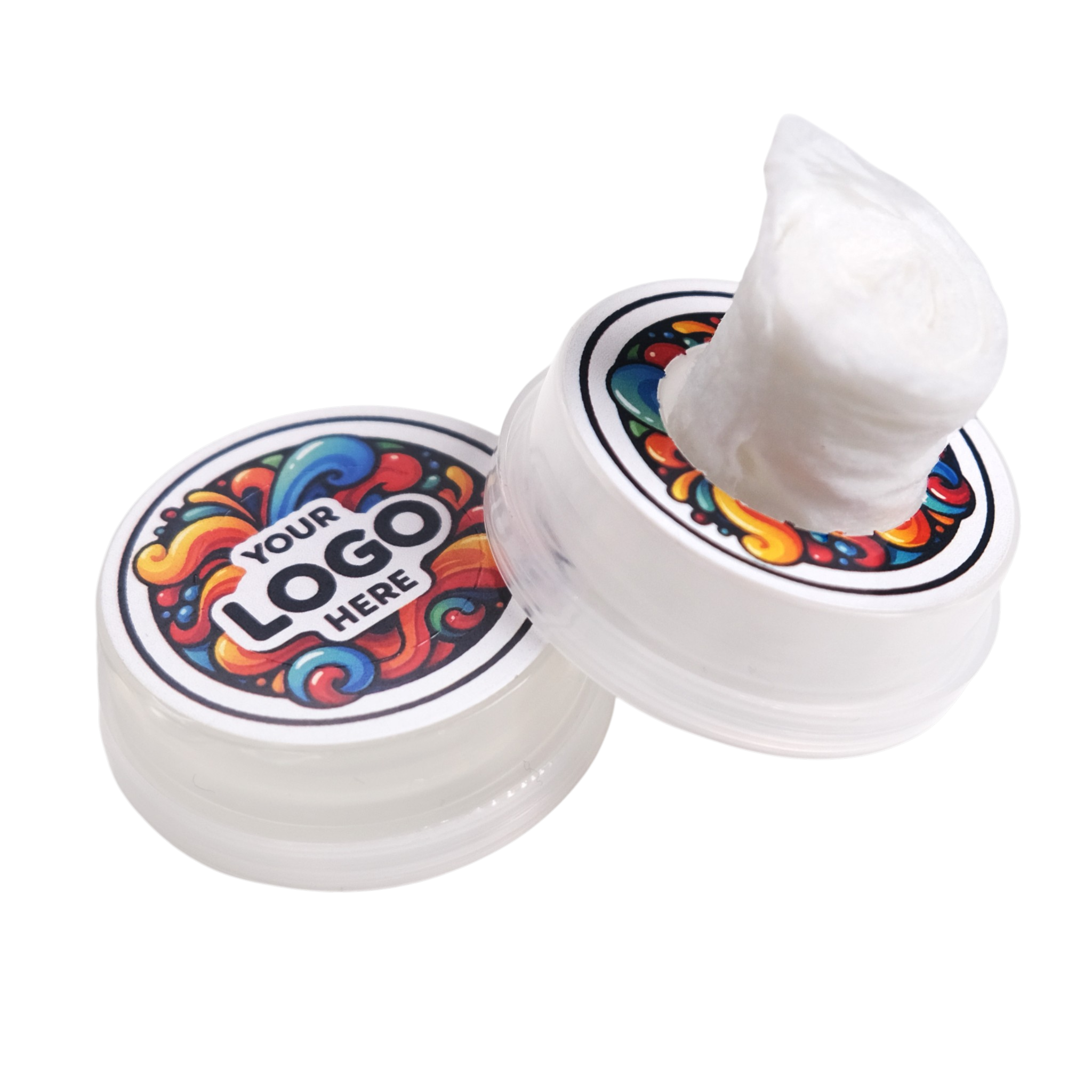 Two containers with colorful lids on a white background