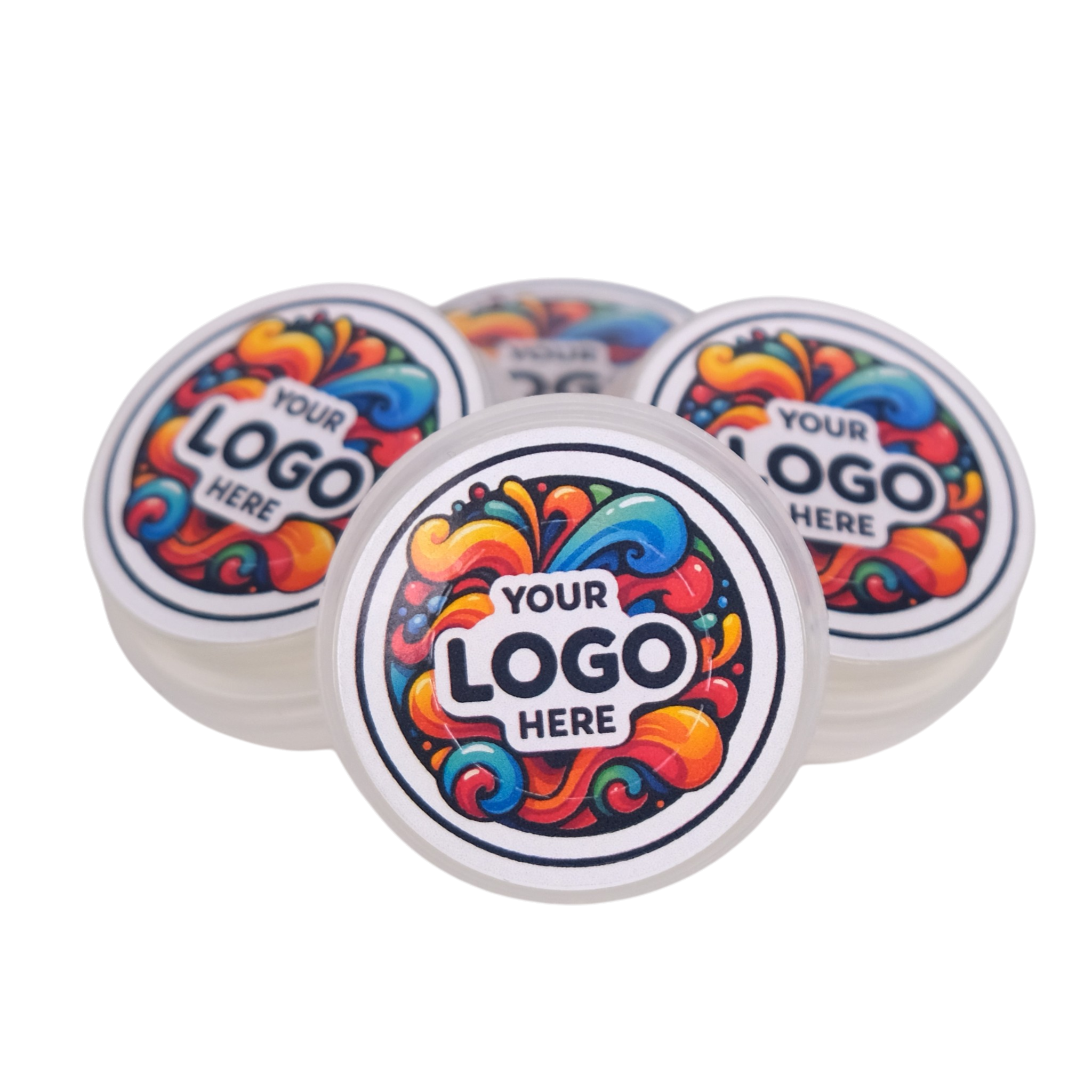 Four round stickers with colorful designs and 'Your Logo Here' text on a white background