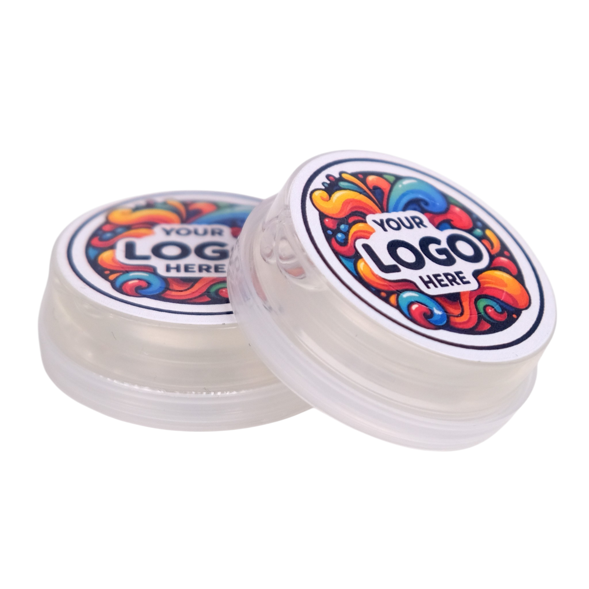Two clear containers with colorful lids featuring a customizable logo area on a white background.