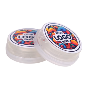 Two clear containers with colorful lids featuring a customizable logo area on a white background.