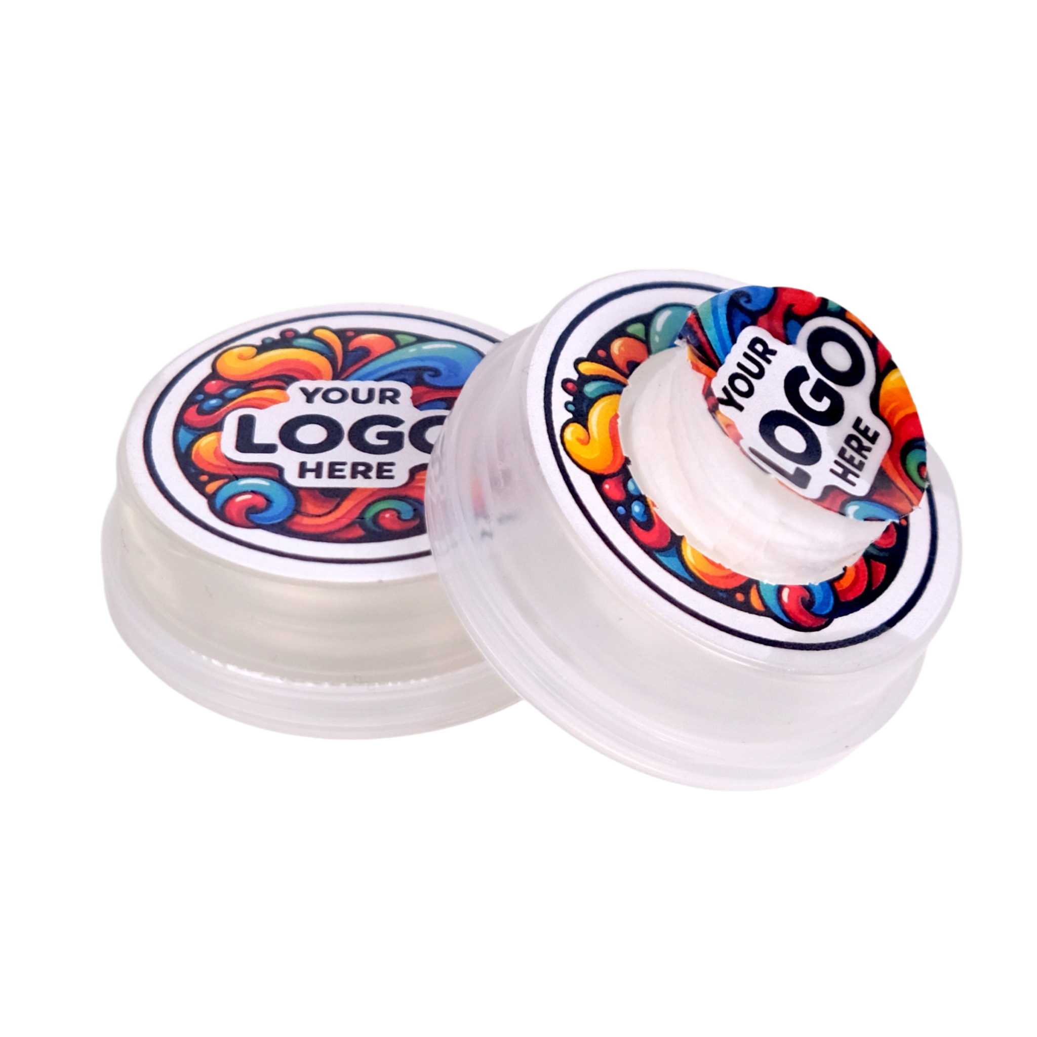 Two containers with colorful lids featuring a customizable logo area on a white background.