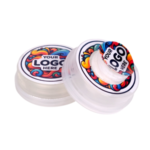 Two containers with colorful lids featuring a customizable logo area on a white background.