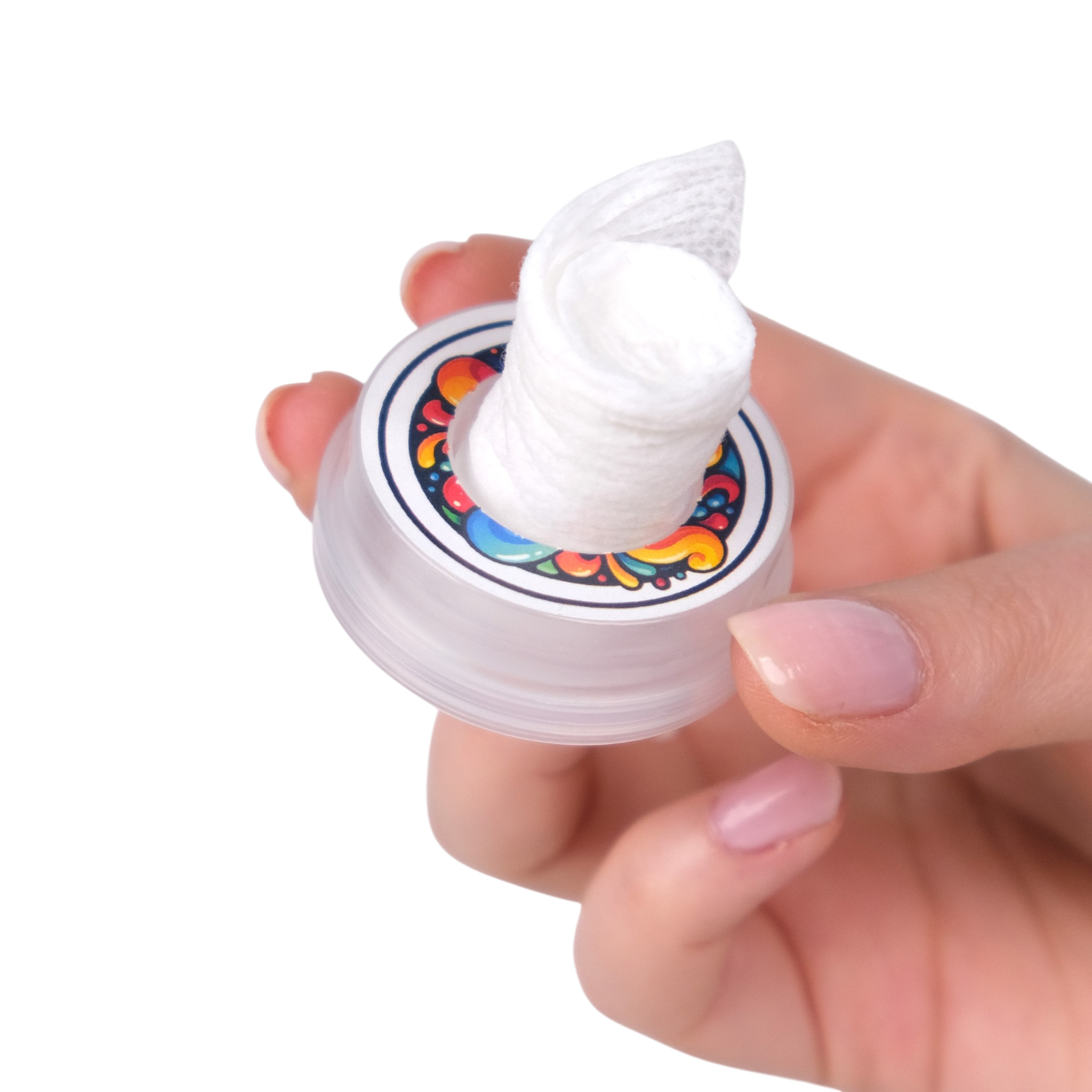 Hand holding a small container with colorful lid design on a white background