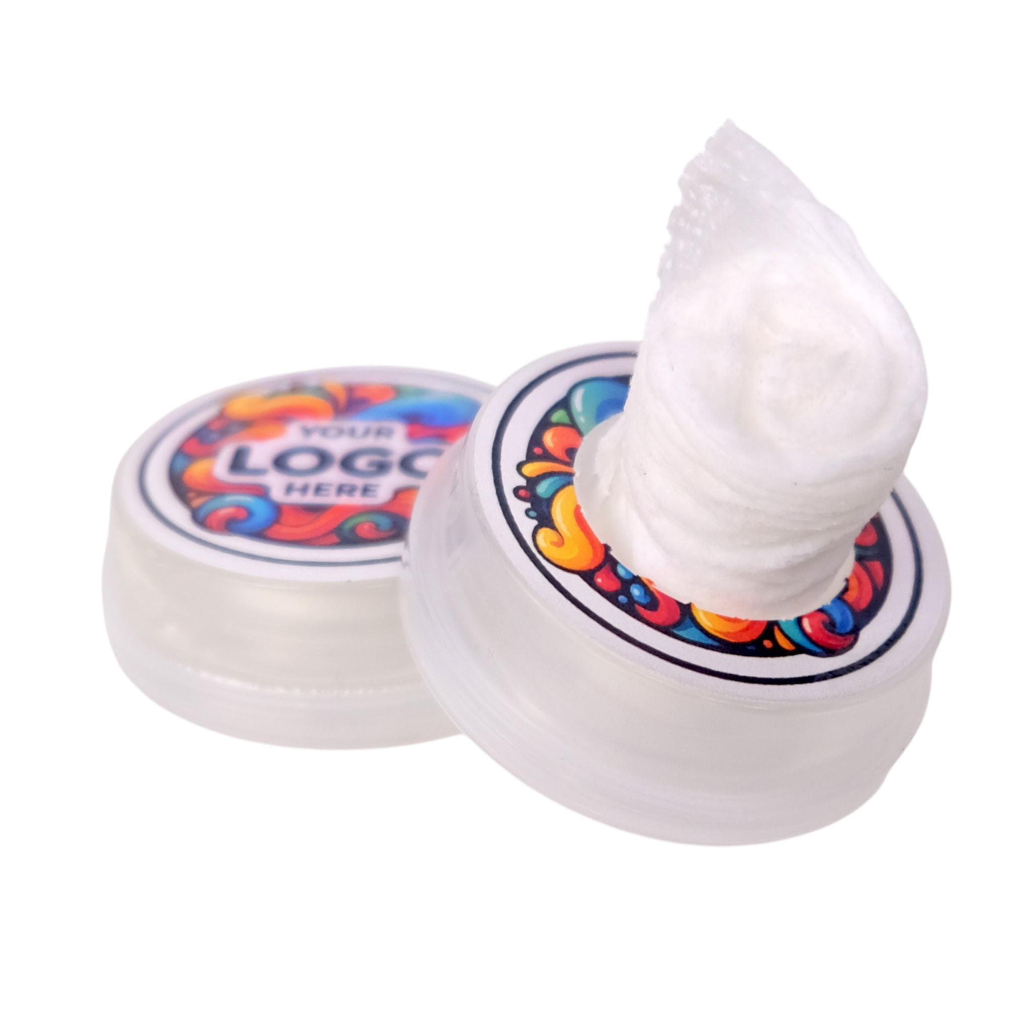 Cotton swabs with colorful label on a white background