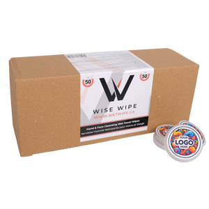 Box of Wise Wipe hand and face cleaning wet towels with a branded container.