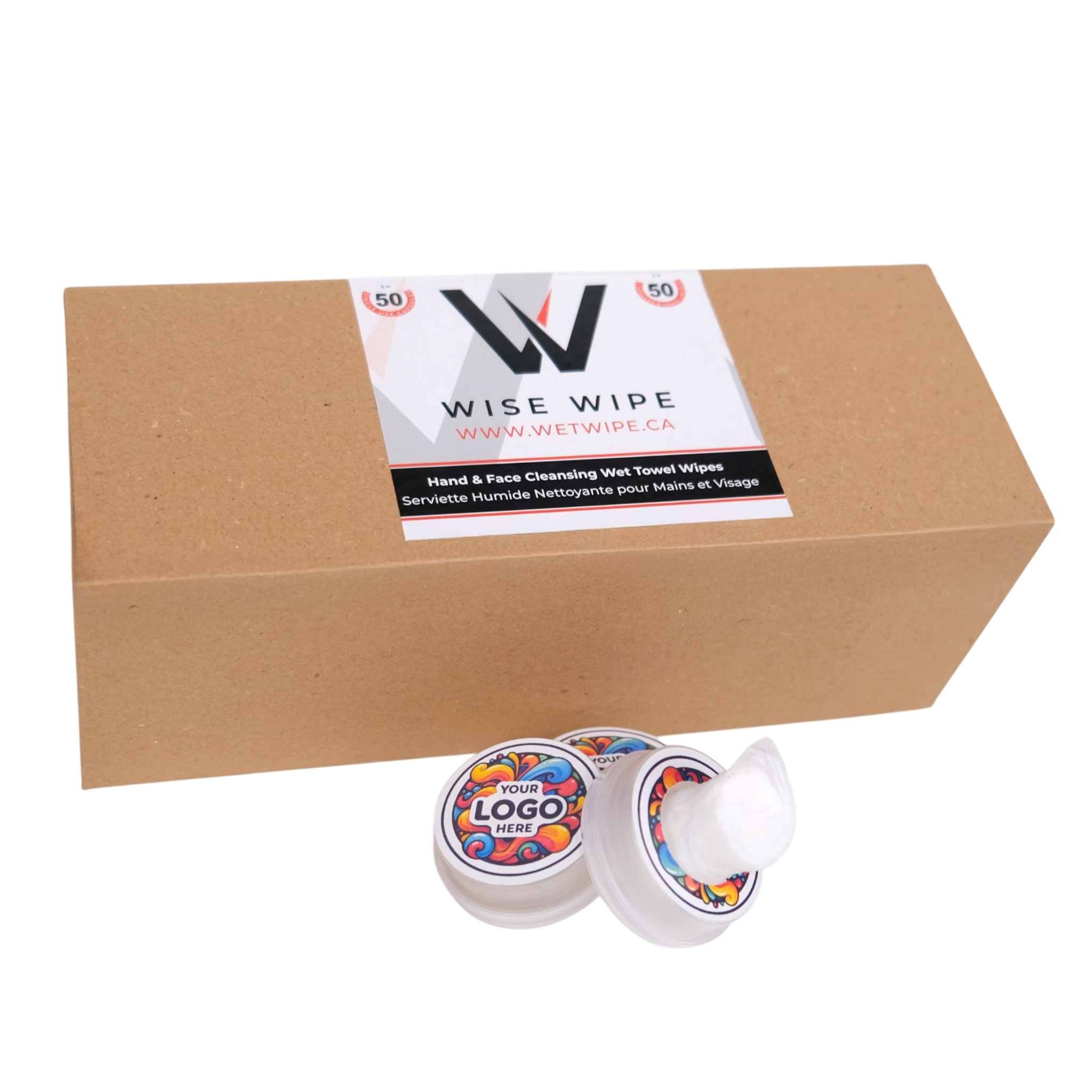 Box of Wise Wipe hand and face cleaning wipes with two containers in front on a white background