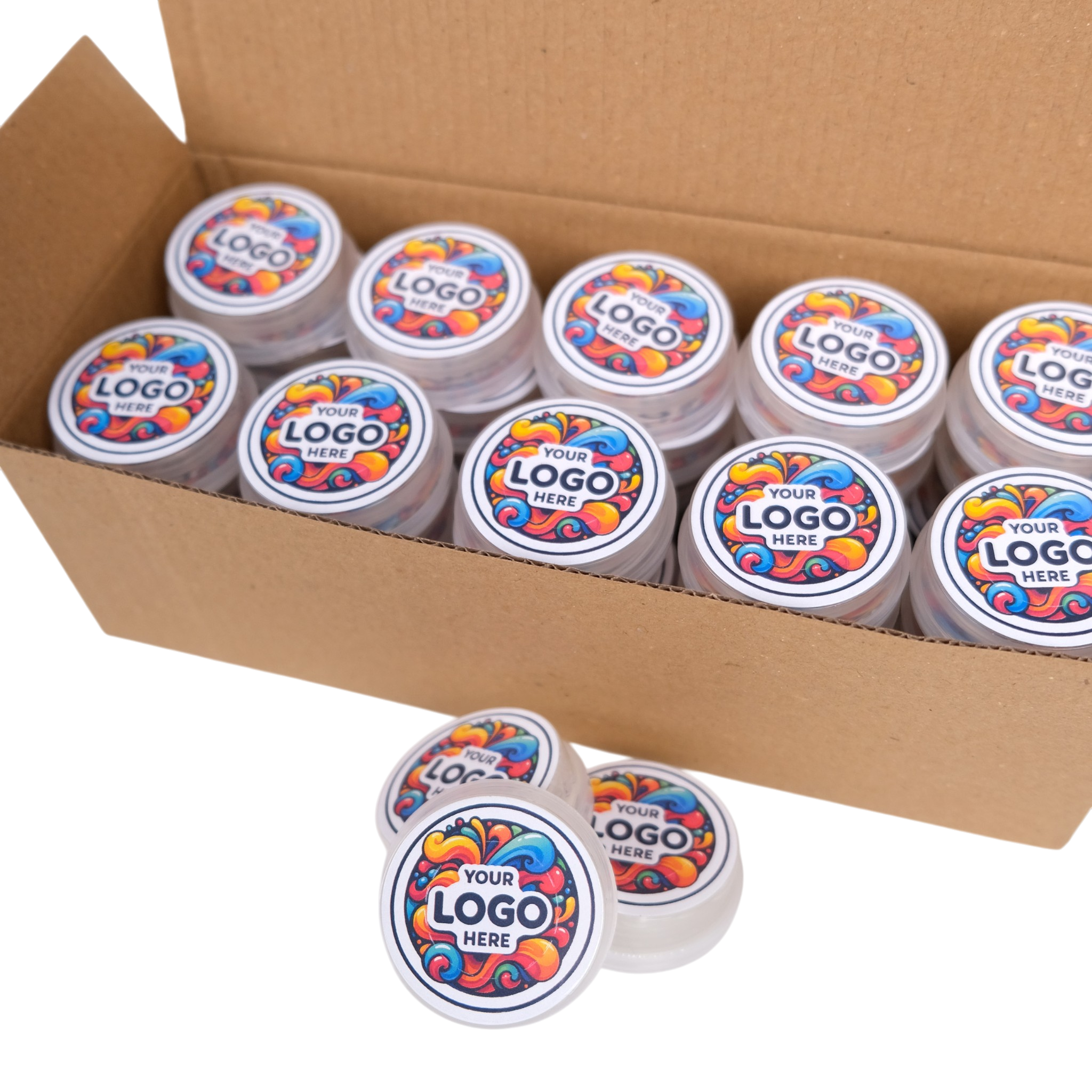 Multiple containers with colorful logo labels on a white background