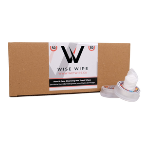 Box of Wise Wipe hand and face cleaning wet wipes with two individual wipes on a white background