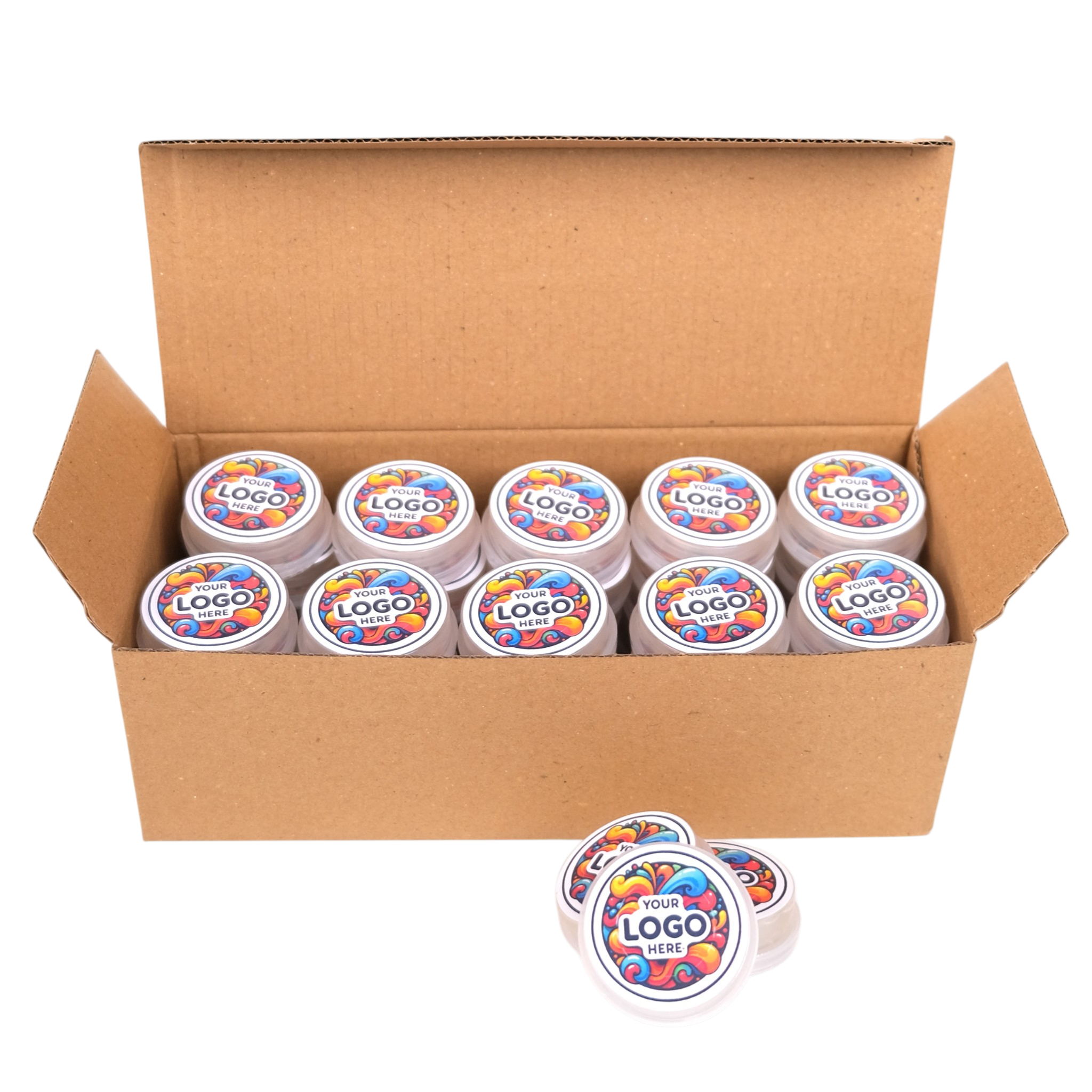Carton box with multiple containers labeled 'Your Logo Here' on a white background