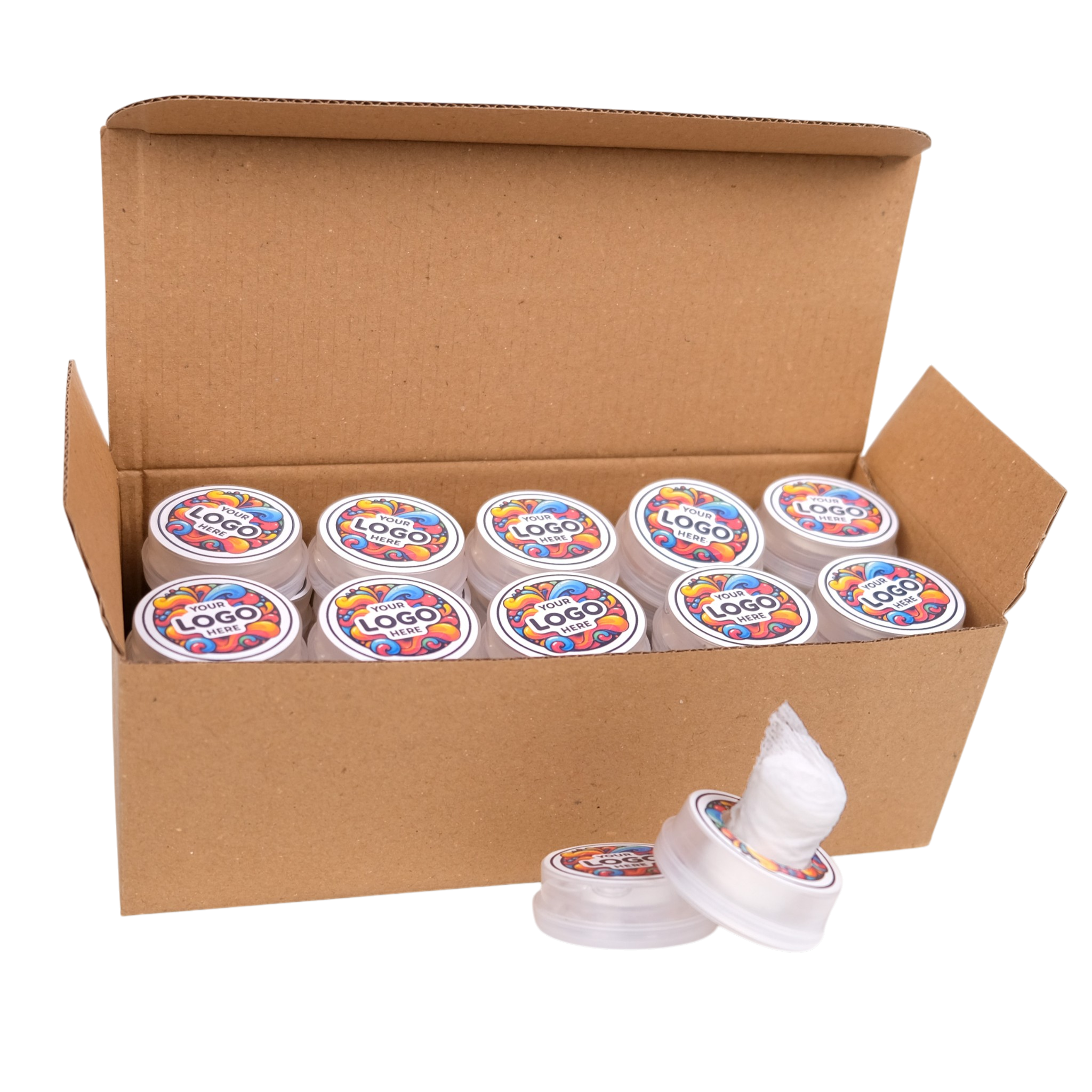 Box of tape rolls with colorful labels on a white background