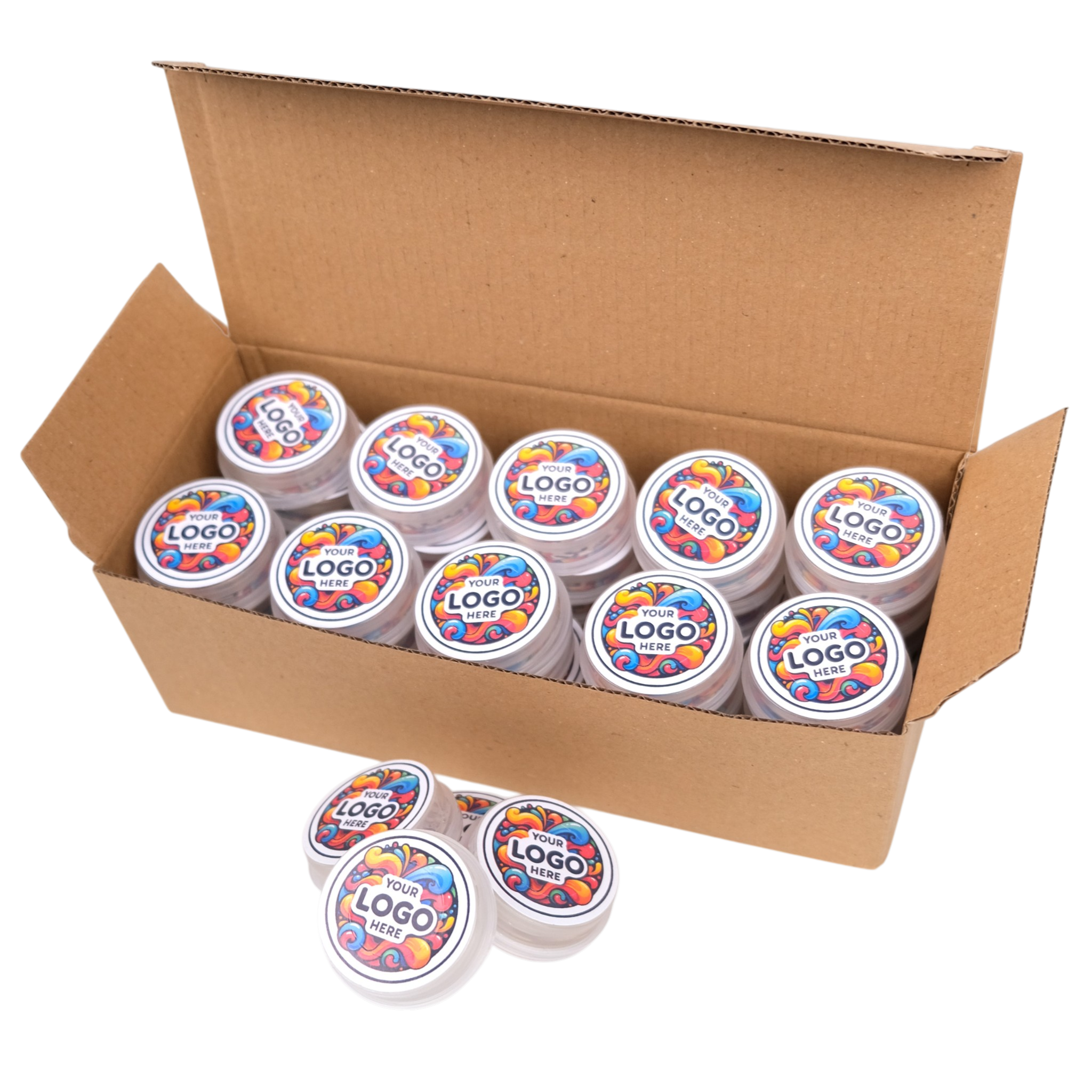 Box of containers with colorful logo labels on a white background