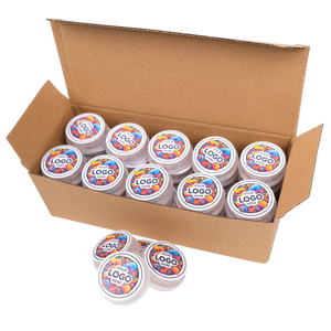 Box of containers with colorful logo labels on a white background