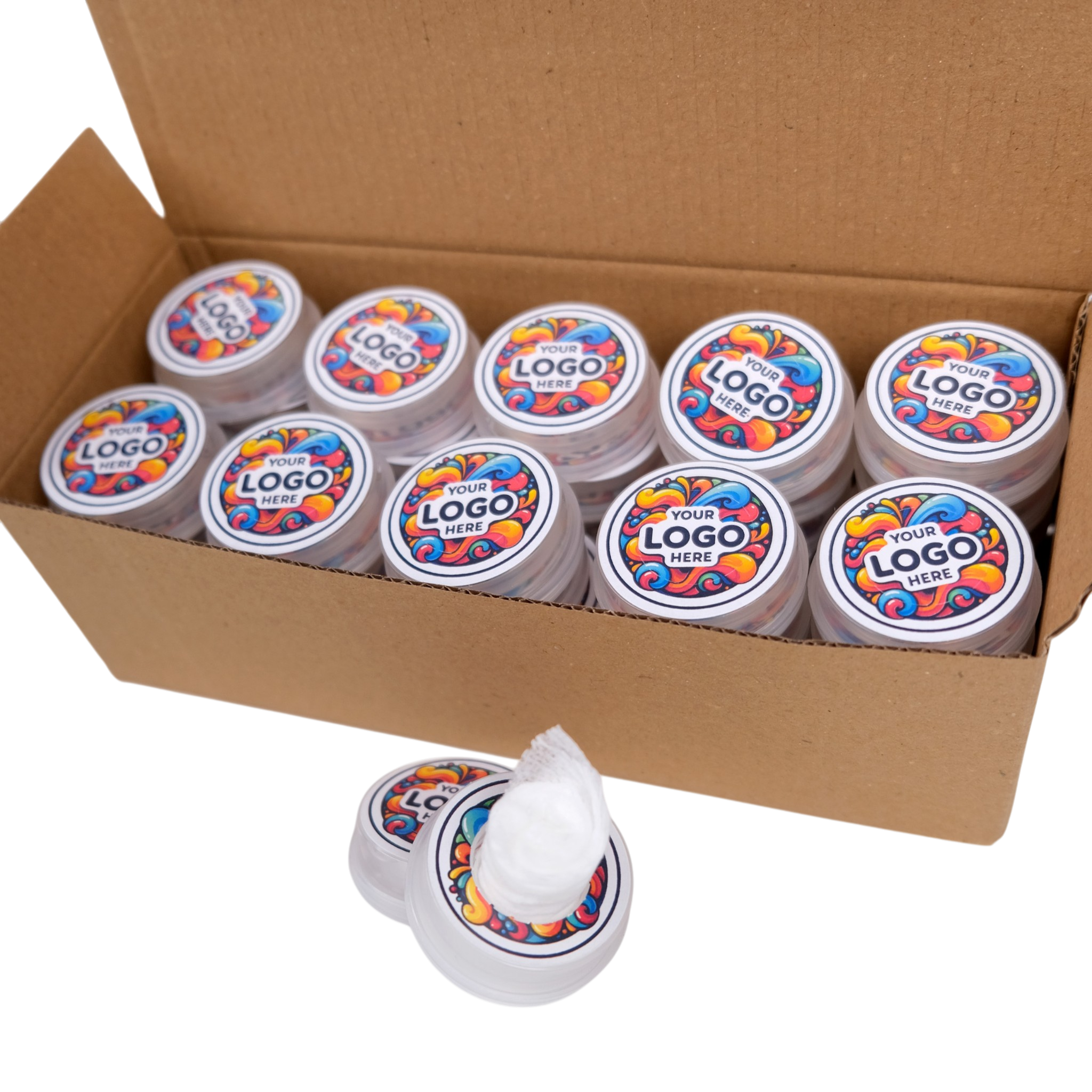 Box of white containers with colorful logo labels on a white background