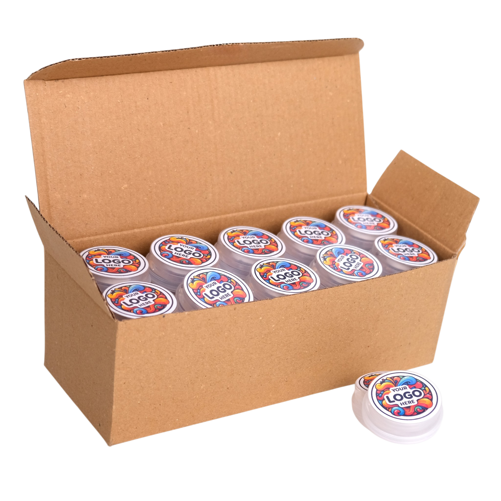 Box of branded containers with a visible logo on a white background