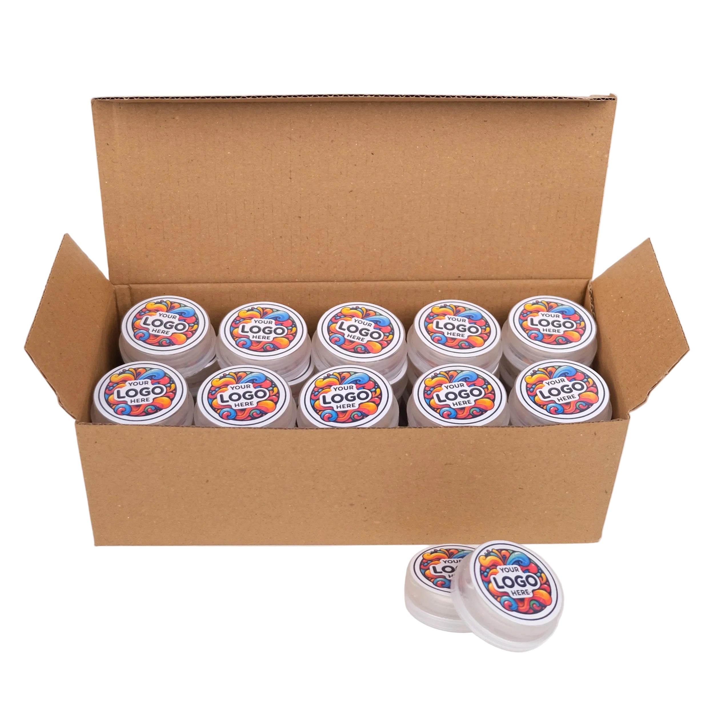 Box of 'Logo' branded containers with a few outside the box on a white background