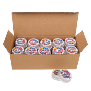 Box of 'Logo' branded containers with a few outside the box on a white background