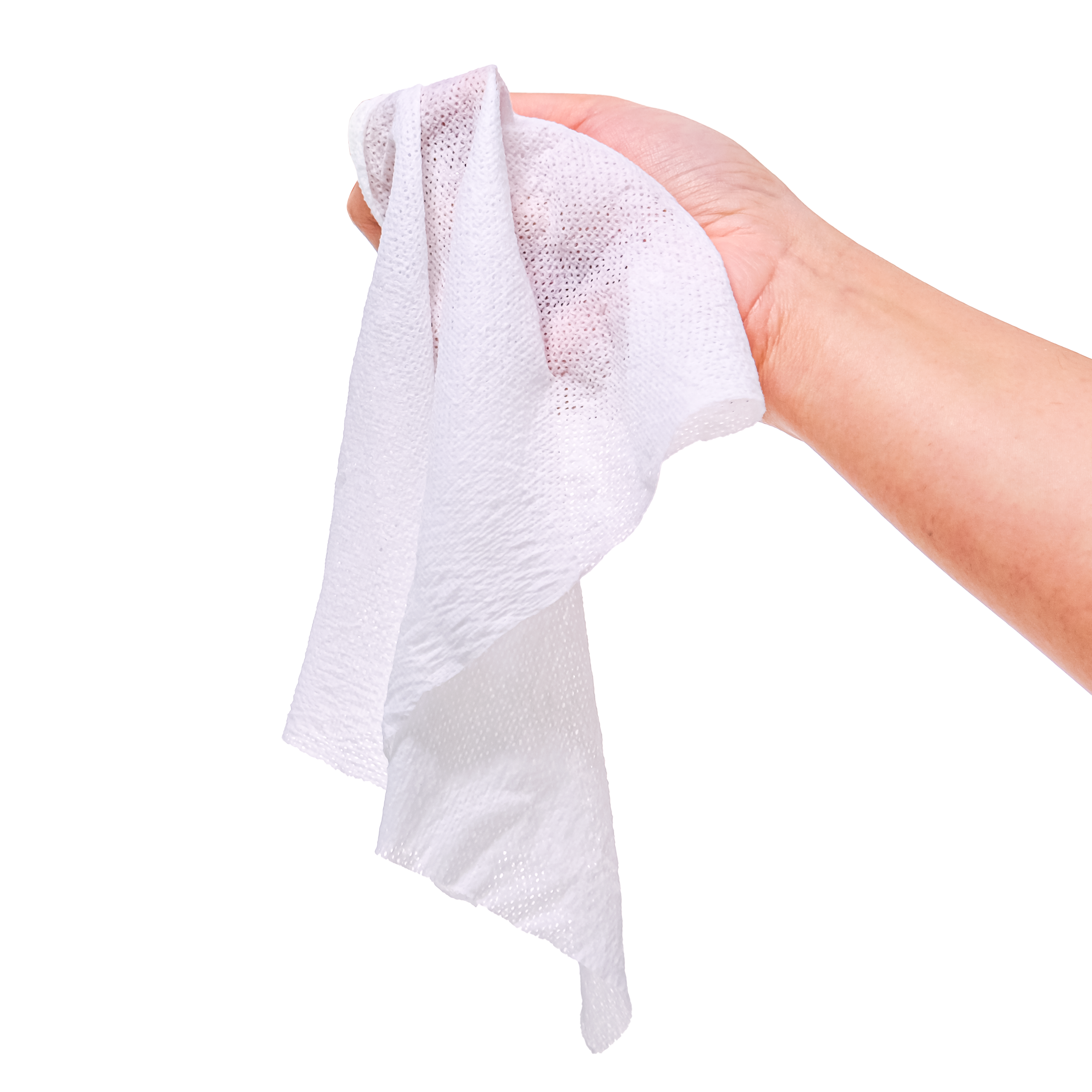 Hand holding a white towel against a white background