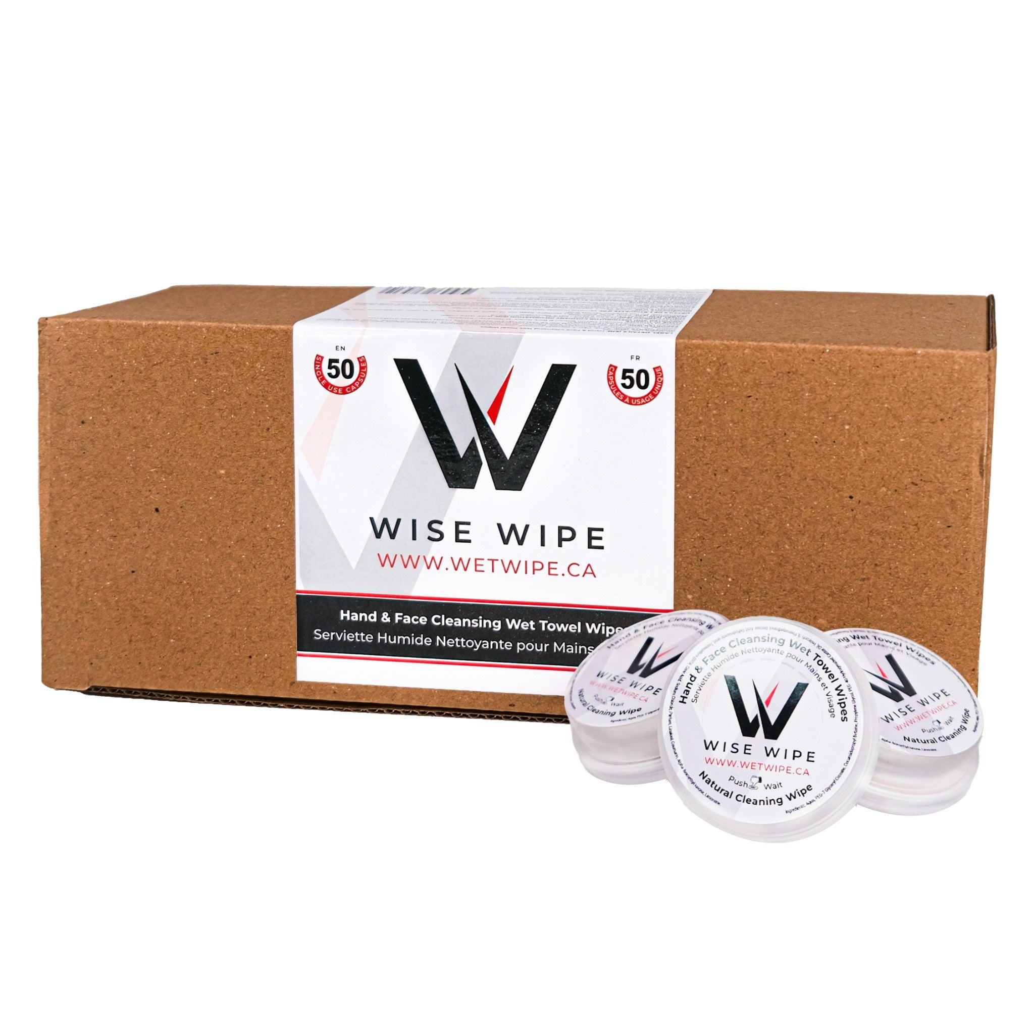 A cardboard craft box labeled 'WISE WIPE' containing individual packaging for hand and facial cleansing wipes with visible branding and product information.