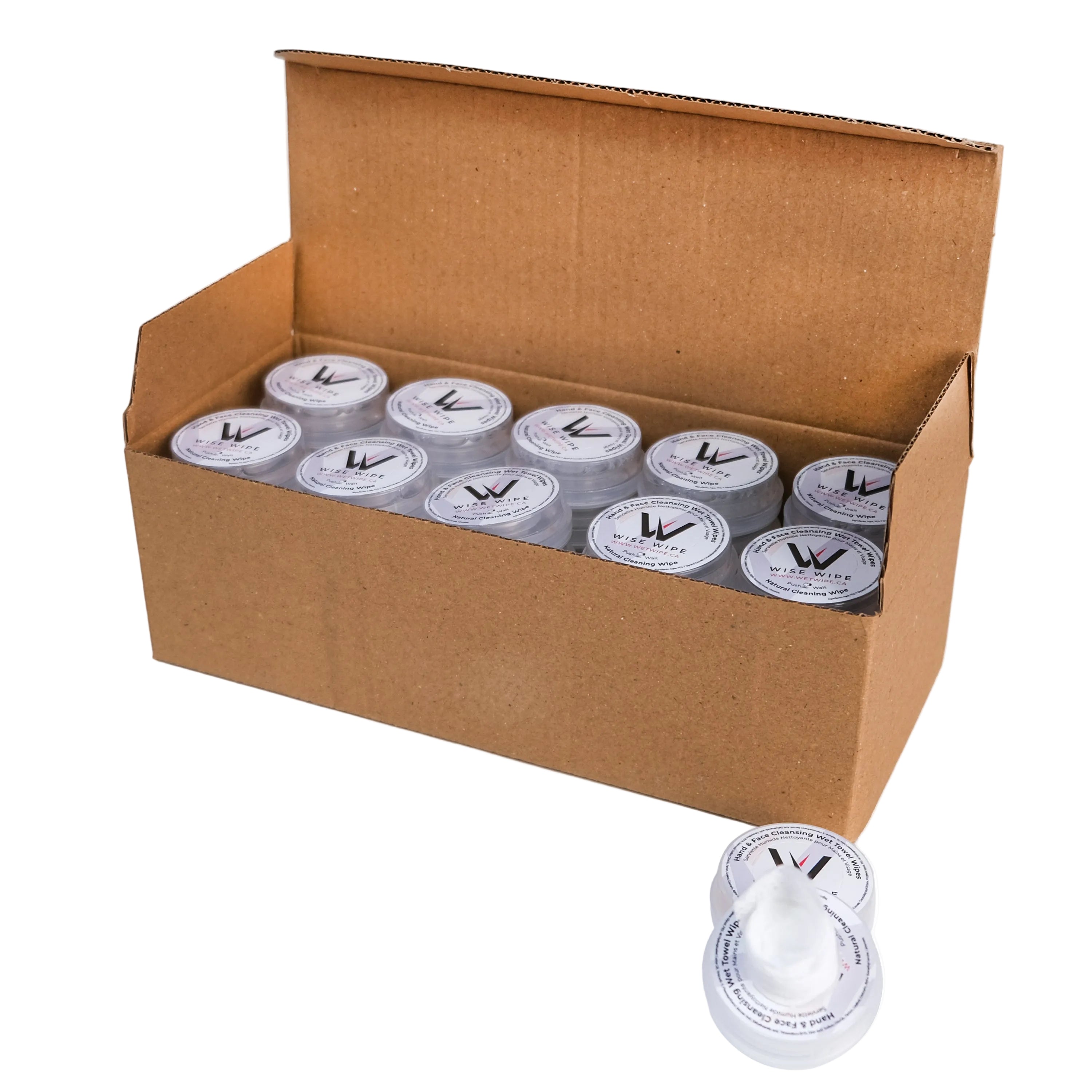 Cardboard box filled with labeled containers on a white background