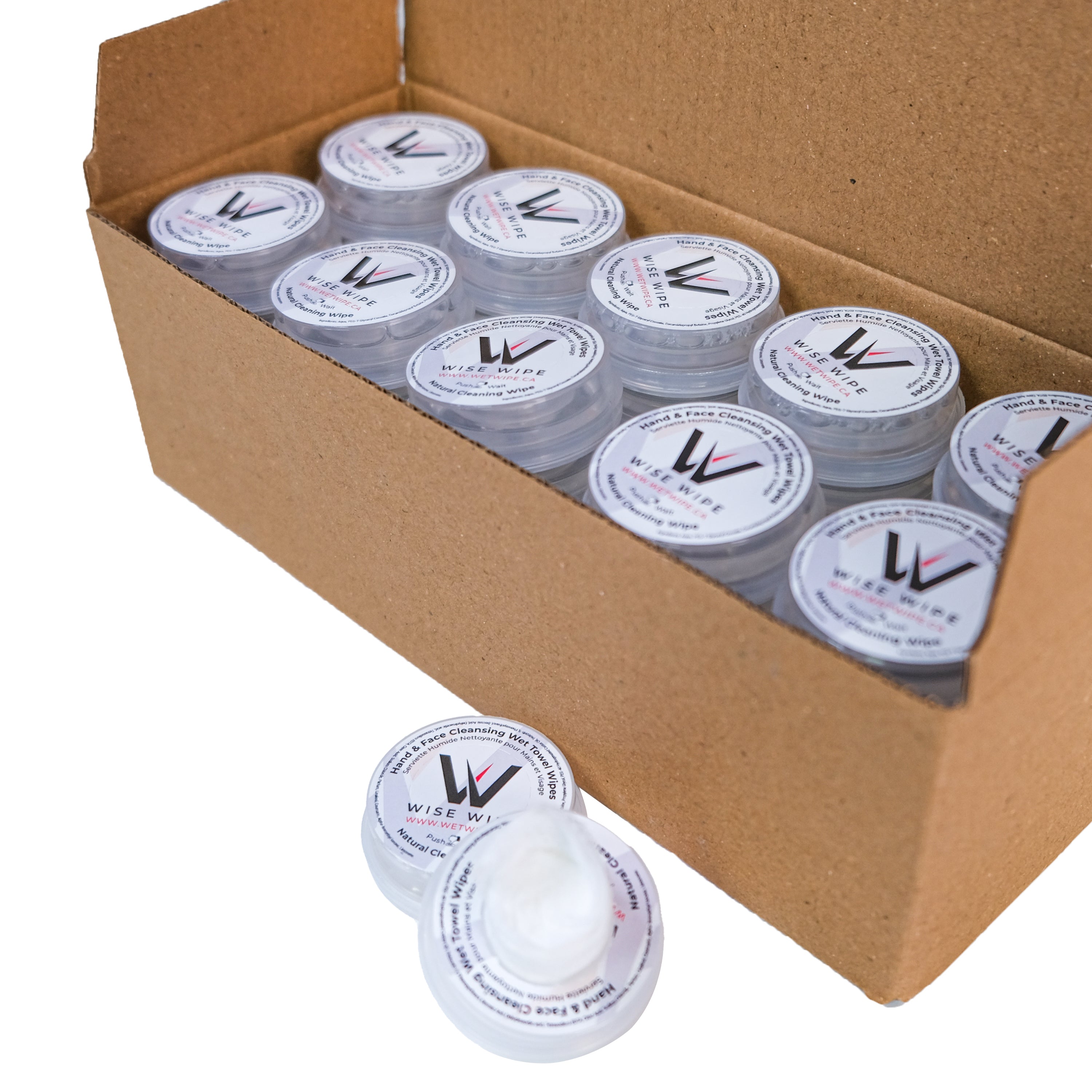 Cardboard box filled with containers labeled 'W', with a few containers spilled out.
